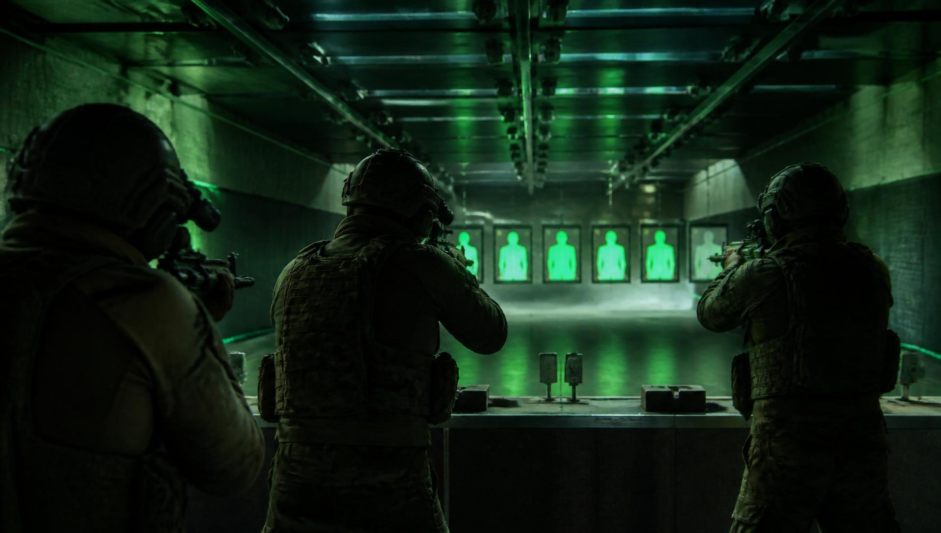 Military operators training in a modern shooting range
